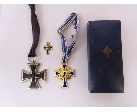 WW2 German Mother's Cross, gilt First Class, in issue box marked B.H. Mayer Pforzheim, with ribbon and miniature; and German 