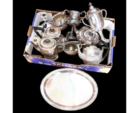 A Sheffield silver plated 4-piece tea and coffee set, in half fluted form, plated 2-handled trophy, a silver plated tea urn, 