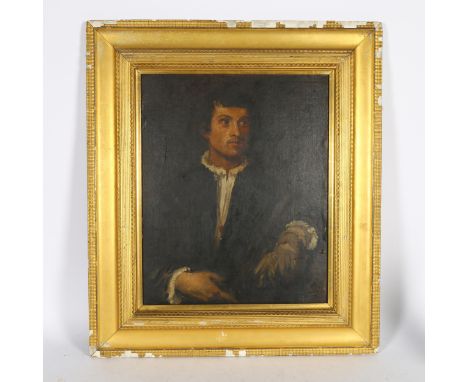 An oil on board, half-length portrait, study of a young man in a ruff collar, unsigned, image 43cm x 36cm, 66cm x 57m overall