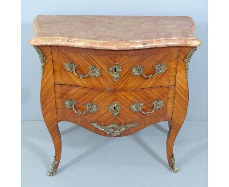 A French Kingwood and marble topped bombe commode chest of two drawers, with brass mounts. 96x88x54cm. 