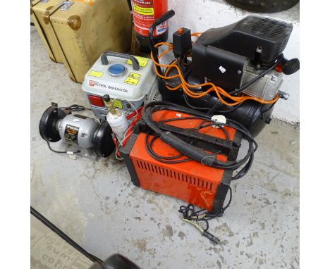 A mig 100 welder, an airpack 04934 air compressor, a Wickes bench grinder and a petrol generator. Sold as seen, not seen work