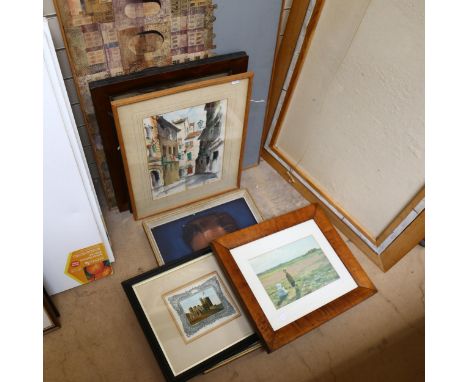 20th century collage, house reflections, and Antique coloured engraving, the wood boy by Thomas Barker, oil on panel portrait