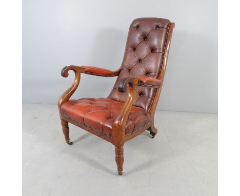 A mahogany and red button-back leather upholstered slipper chair. 