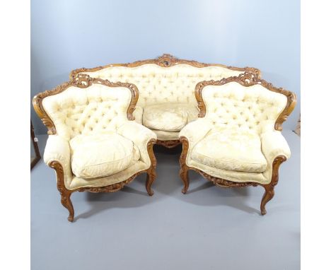 A French walnut and upholstered three-piece lounge suite comprising a three-seater settee, Overall 215x 105x82cm, and two mat