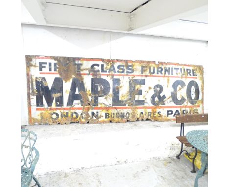 A large vintage enamel sign, "Maple & Co Ltd. First Class Furniture". 305x102cm.Very weathered, corroded and bowed. 