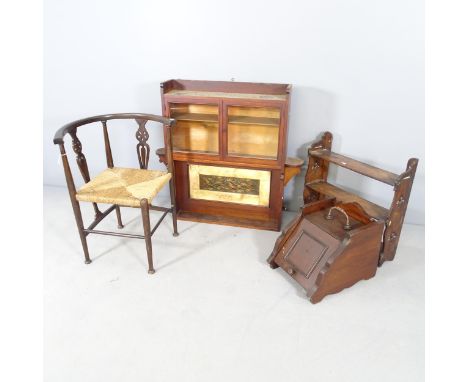 A Victorian mahogany hanging cabinet, 90x88x17cm, with two glazed doors and inset tile panel, a corner chair, a coal scuttle 