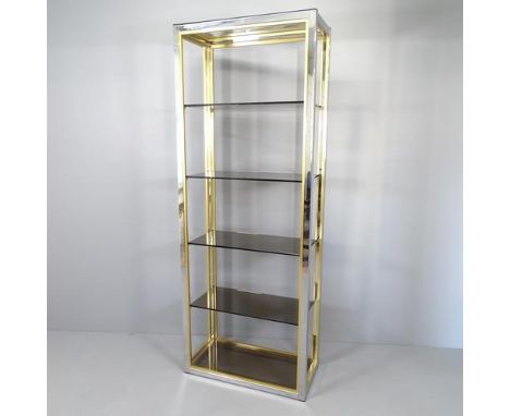RENATO ZEVI FOR ROMEO REGA - a mid-century Hollywood Regency style display shelf, with chrome and brass frame and six smoked 