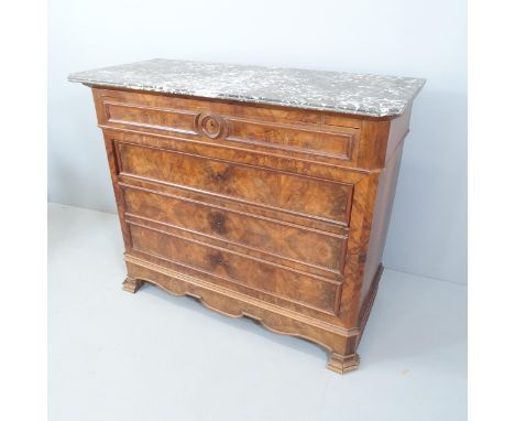 A French walnut marble top commode chest of four drawers. 129x105x58cm. With key.Marble top has been repaired. Bracket feet a