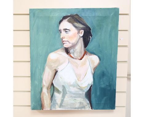 Clive Fredriksson, oil on canvas, portrait girl in a white dress, 65cm x 55cm overall, unframed 