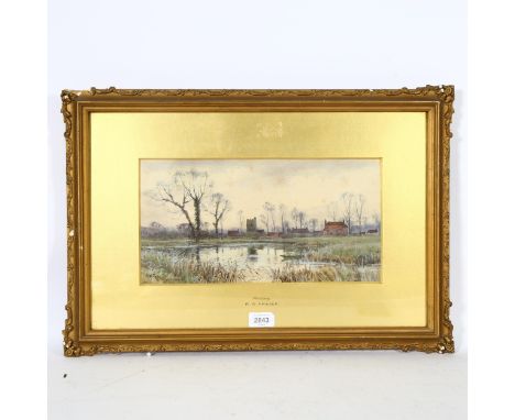 Robert Winchester Fraser, river scene, Moulsey, watercolour, signed, 18cm x 35cm, framedSome light foxing in the sky 