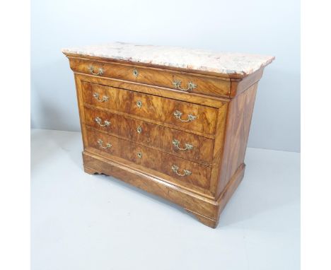 A French figured walnut four drawer commode with red and white veined marble top. 131x101x63cm. Damage to rear right foot. So