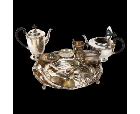 A matching silver plated teapot and coffee pot, a silver plate on copper inkwell with lion mask ring handles, plated salvers,