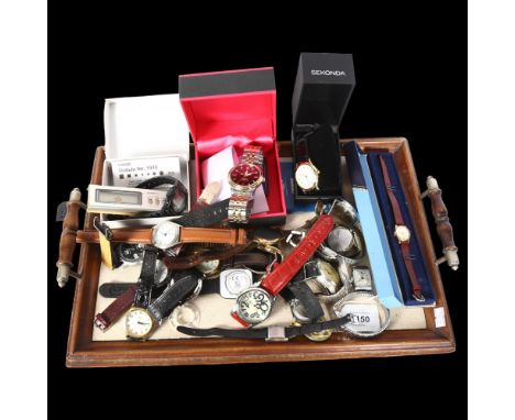 A tray of mixed fashion wristwatches, including Rotary, Citron, Casio etc, all mainly quartz 
