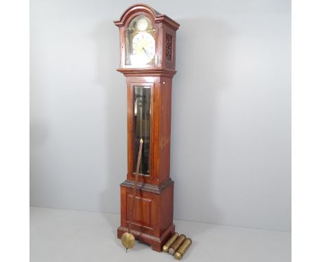 A late 20th century oak cased eight day longcase clock, with 10.5" arch top brass dial inscribed "Tempus Fugit". 44x197x34cm.