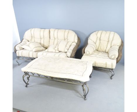 A modern wrought metal conservatory suite comprising a two seater settee, 184x95x90cm, a matching arm chair, and a low marble