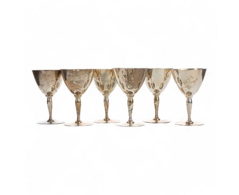 SET OF SIX SILVER WINE GOBLETS, TIFFANY & CO with conical shaped bowls and circular baseseach 11cm highQty: 534g gross