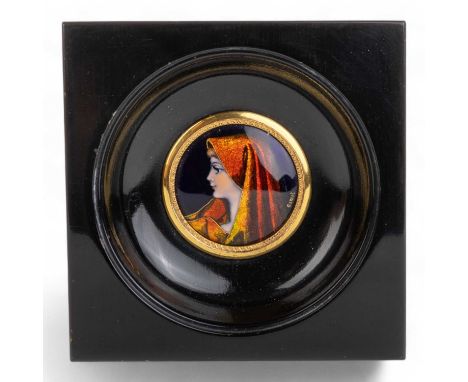 LIMOGES ENAMEL PORTRAIT MINIATURE, SIGNED GANET depicting Santa Fabiola, in ebonised frame10cm x 10cm overall