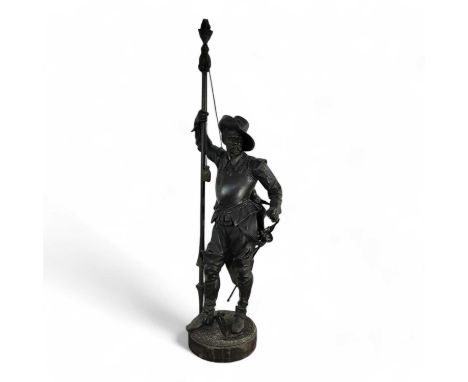 SPELTER FIGURE, modelled as a cavalier, inscribed Tete Ronde, Poitevin, raised on a circular base110cm highDamage to tip of s