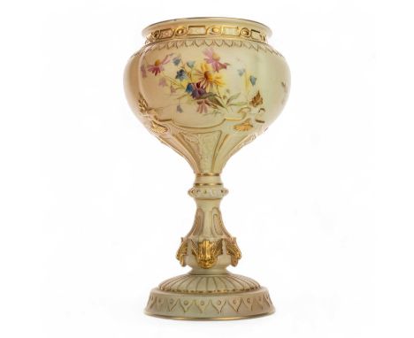 ROYAL WORCESTER BLUSH IVORY PEDESTAL VASE, MODEL NUMBER 1813 decorated with flowers, on a circular base, bearing mark to unde