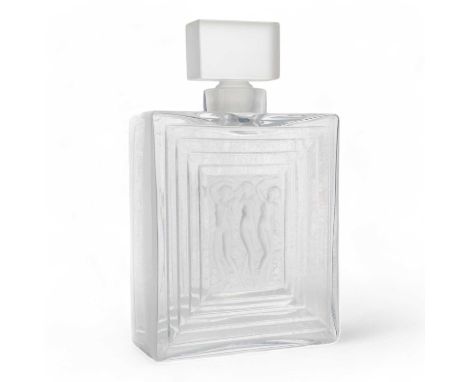 LALIQUE FRANCE, ART DECO "DUNCAN NO 2" PERFUME BOTTLE,  of oblong form with central panel depicting three nude dancers, engra