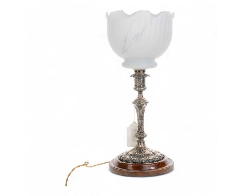 VICTORIAN SILVER PLATED TABLE LAMP, with urn form sconce over a tapered faceted column support to shaped foot, cast with scro