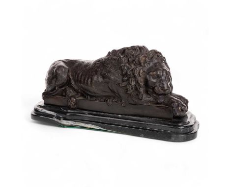 AFTER ISIDORE JULES BONHEUR, RECUMBENT LION, BRONZE the plinth inscribed Bonheur Paris, on a stepped marble base37cm long Con