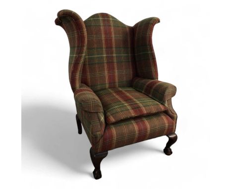 GEORGIAN STYLE WING BACK ARMCHAIR, upholstered in tweed fabric on ball and claw feet109cm high