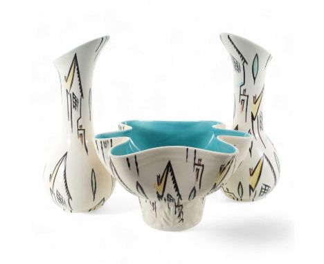 COLLECTION OF BESWICK CERAMICS,  DESIGNED BY ALBERT HALLAM, 1950s including vases and bowls, each decorated with stylised hou