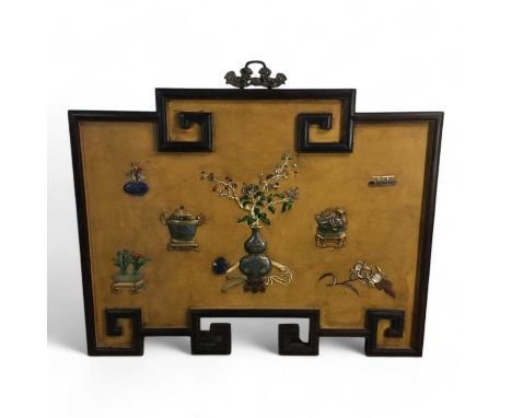 LARGE CHINESE HARDWOOD PANEL, LATE 19TH / EARLY 20TH CENTURY   set with various cloisonné items, including a vase, twin handl