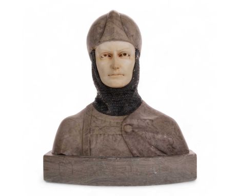 PARSIFAL, CONTINENTAL MARBLE AND ALABASTER BUST, LATE 19TH / EARLY 20TH CENTURY  modelled in helmet and chainmail, title insc