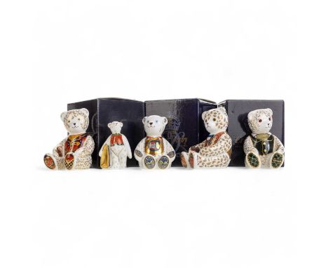 FIVE ROYAL CROWN DERBY PAPERWEIGHTS, TEDDY BEARS comprising four seated bears and one smaller standing bearthe seated bears e