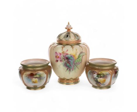 ROYAL WORCESTER BLUSH IVORY POT POURRI VASE, ALONG WITH A FURTHER PAIR  OF ROYAL WORCESTER VASES of lobed ovoid form, decorat