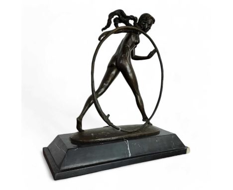 AFTER ANTON ENDSTORFER, ART DECO BRONZE FIGURE, modelled as a nude female with a hoop, signed but indistinct, raised on a mar