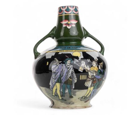 SHELLEY VASE, EARLY 20TH CENTURY intarsio, decorated 'Much Ado About Nothing', with twin handles21cm highCondition good to fa