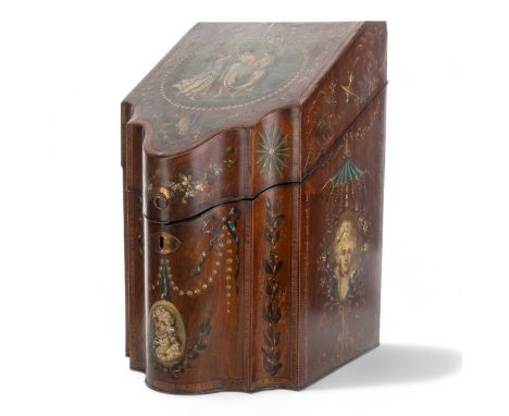 GEORGE III MAHOGANY KNIFE BOX, LATE 18TH / EARLY 19TH CENTURY decorated with a figural scene and various portraits, surrounde