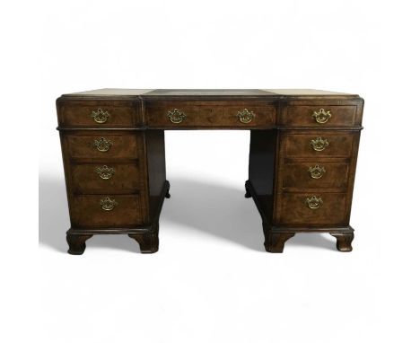 WALNUT TWIN PEDESTAL DESK, with leather skiver, maker Hubbs &amp; Co77cm high, 136cm wideSplits into three sections. Height f