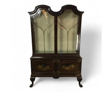 MAHOGANY DISPLAY CABINET, EARLY 20TH CENTURY with chinoiserie design and double glazed doors, on scroll legs213cm high, 137cm