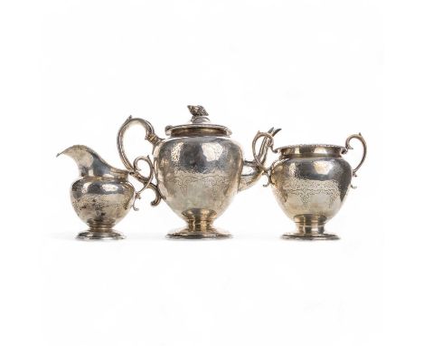 VICTORIAN SILVER THREE PIECE TEA SERVICE, MAKER WILLIAM MOON, EDINBURGH 1859 comprising a teapot, sugar bowl and cream jug, o