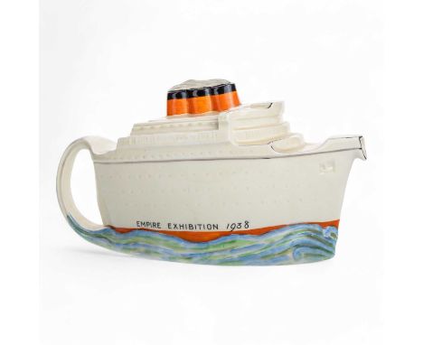 MIDWINTER POTTERY, 1938 EMPIRE EXHIBITION SOUVENIR TEAPOT, modelled as the RMS Queen Mary, with cover, printed marks25cm wide