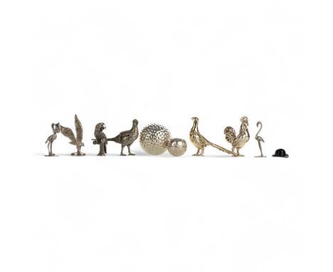 COLLECTION OF SILVER AND WHITE METAL MINIATURES, comprising a football, a golf ball and seven birdsQty: 201g gross