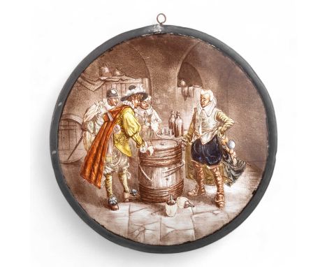 VICTORIAN STAINED GLASS PANEL, 19TH CENTURY of shaped circular form, depicting an 18th century tavern scene24cm wideIn fair c