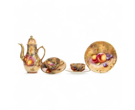 ROYAL WORCESTER PART MINIATURE COFFEE SERVICE, ALONG WITH A ROYAL WORCESTER PIN DISH each hand painted with fruit, comprising