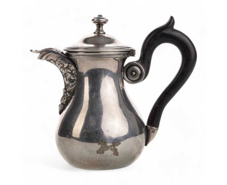 FRENCH SILVER CREAM POT, MARKED THOURET of small proportions, with a hinged lid and ebony scroll handle11cm highQty: 152g