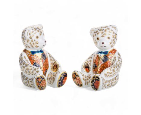 PAIR OF ROYAL CROWN DERBY PAPERWEIGHTS , modelled as teddy bears, each wearing a bow tie and with silver stopper to baseeach 