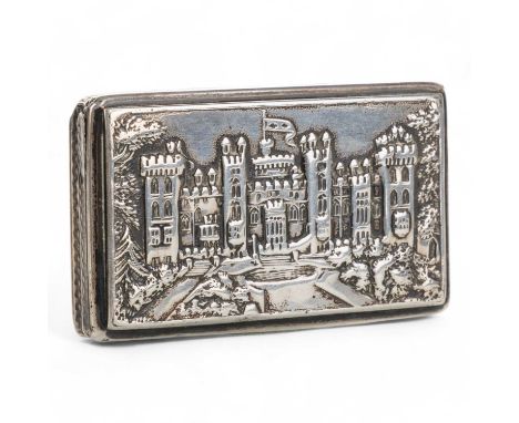 SILVER SNUFF BOX, NATHANIEL MILLS, BIRMINGHAM MARKS  the hinged lid decorated in relief with a scene of Windsor castle, with 