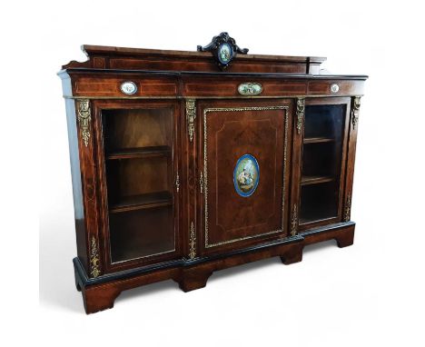 VICTORIAN WALNUT CREDENZA, MID / LATE 19TH CENTURY with central door flanked by two glazed doors, on bracket feet129cm high, 