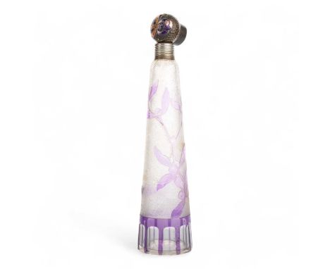 FRENCH CAMEO GLASS SCENT BOTTLE, the stopper with enamelled floral decoration, the conical glass body with amethyst/lilac fla