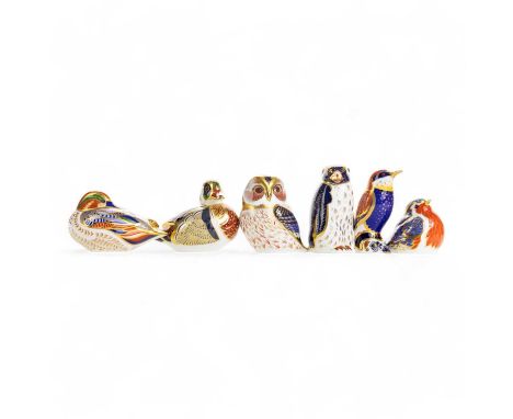 SIX ROYAL CROWN DERBY PAPERWEIGHTS, BIRDS comprising two ducks, a kingfisher, a robin, an owl and a penguin the penguin 10.5c