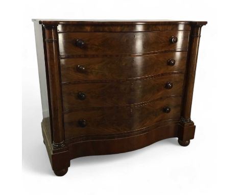 VICTORIAN MAHOGANY SERPENTINE CHEST OF DRAWERS, with four long drawers on ball feet113cm high, 132cm wide, 59cm deep Overall,