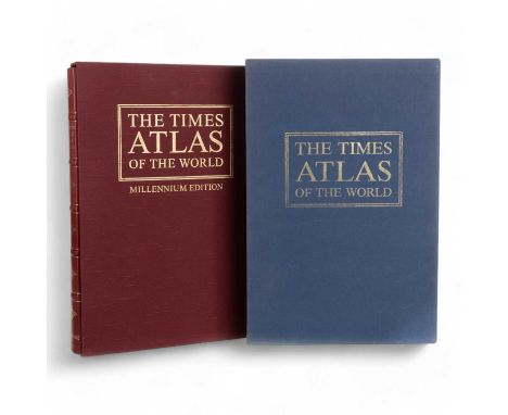 THE TIMES ATLAS OF THE WORLD, MILLENNIUM EDITION  in red sleeve, along with The Times Atlas Of The World folio, in blue sleev